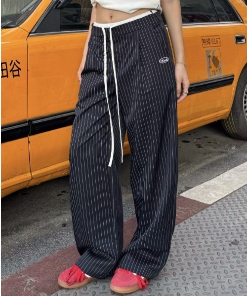 セール】ハイウエストストライプワイドレッグパンツ（スラックス