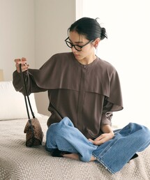 BEAUTY&YOUTH 日本製　とろみフリンジ ノーカラーブラウス N.Natural Beauty Basic ブラウス シャツ バイカラーリボン