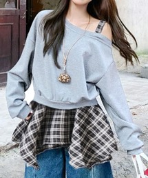 SpRay | チェックレイヤードオフショルトップス(スウェット)