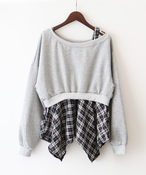 SpRay（スプレイ）の「チェックレイヤードオフショルトップス（スウェット・レディース・ブラック/ネイビー/グレー・FREE）」の11枚目の写真