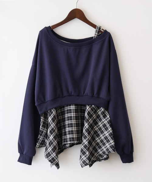 SpRay（スプレイ）の「チェックレイヤードオフショルトップス（スウェット・レディース・ブラック/ネイビー/グレー・FREE）」の8枚目の写真