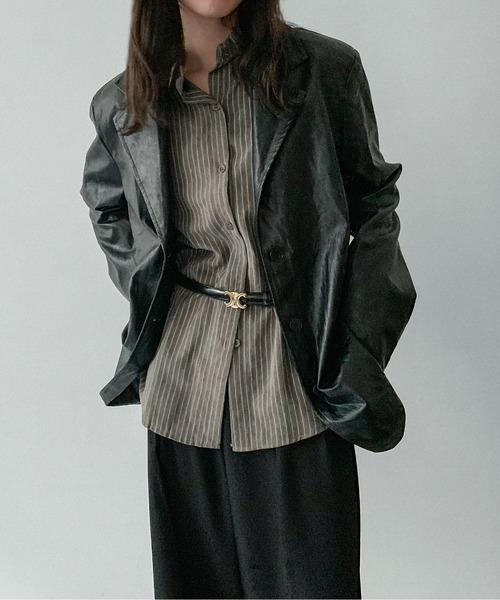 on:nue（オンニュ）の「【on:nue】[着用動画あり！/ユニセックス] とろみストライプオーバーシャツ（シャツ/ブラウス・レディース・アイボリー/グレー/ダークベージュ/ブラウン・FREE）」の5枚目の写真