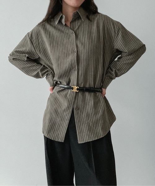 on:nue（オンニュ）の「【on:nue】[着用動画あり！/ユニセックス] とろみストライプオーバーシャツ（シャツ/ブラウス・レディース・アイボリー/グレー/ダークベージュ/ブラウン・FREE）」の6枚目の写真