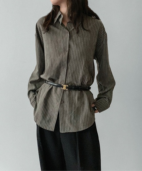 on:nue（オンニュ）の「【on:nue】[着用動画あり！/ユニセックス] とろみストライプオーバーシャツ（シャツ/ブラウス・レディース・アイボリー/グレー/ダークベージュ/ブラウン・FREE）」の7枚目の写真