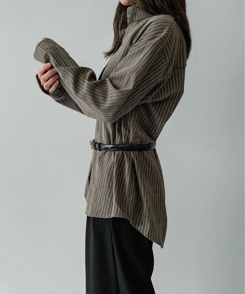 on:nue（オンニュ）の「【on:nue】[着用動画あり！/ユニセックス] とろみストライプオーバーシャツ（シャツ/ブラウス・レディース・アイボリー/グレー/ダークベージュ/ブラウン・FREE）」の8枚目の写真