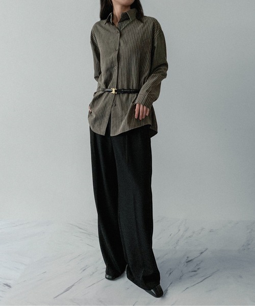 on:nue（オンニュ）の「【on:nue】[着用動画あり！/ユニセックス] とろみストライプオーバーシャツ（シャツ/ブラウス・レディース・アイボリー/グレー/ダークベージュ/ブラウン・FREE）」の11枚目の写真