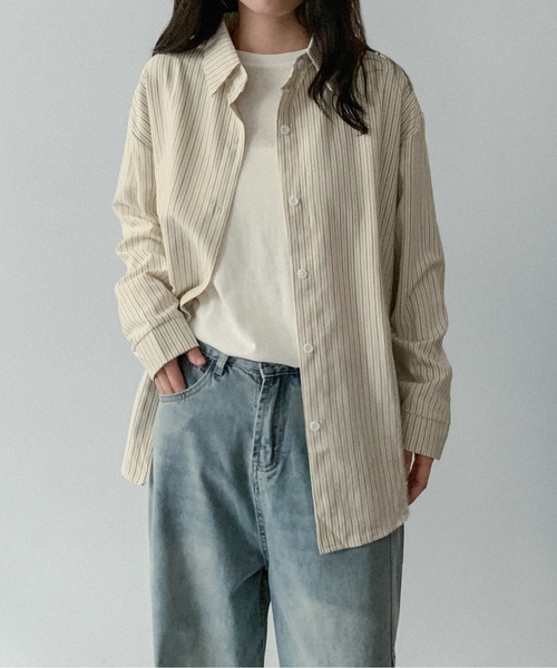 on:nue（オンニュ）の「【on:nue】[着用動画あり！/ユニセックス] とろみストライプオーバーシャツ（シャツ/ブラウス・レディース・アイボリー/グレー/ダークベージュ/ブラウン・FREE）」の21枚目の写真