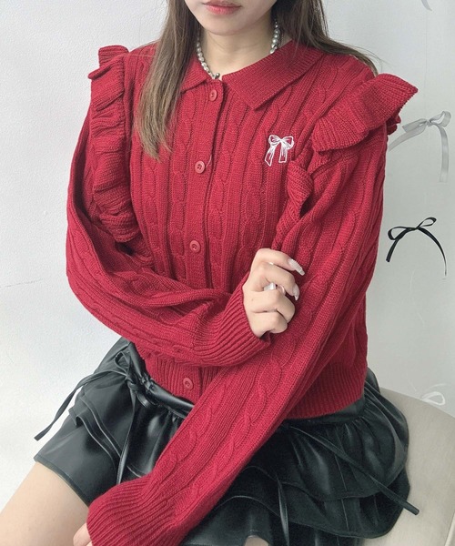 セール】♪ワンポイント刺繍 フリルケーブルカーディガン