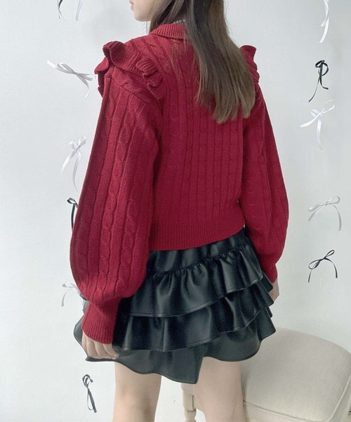 セール】♪ワンポイント刺繍 フリルケーブルカーディガン