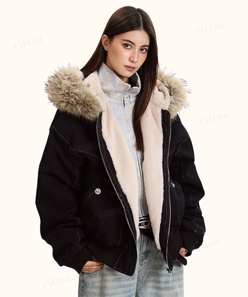 Dalfwin（ダールフィン）の「韓国ファッション　ファー付きフードブルゾン（ブルゾン・レディース・ブラック/グレー・FREE）」の2枚目の写真