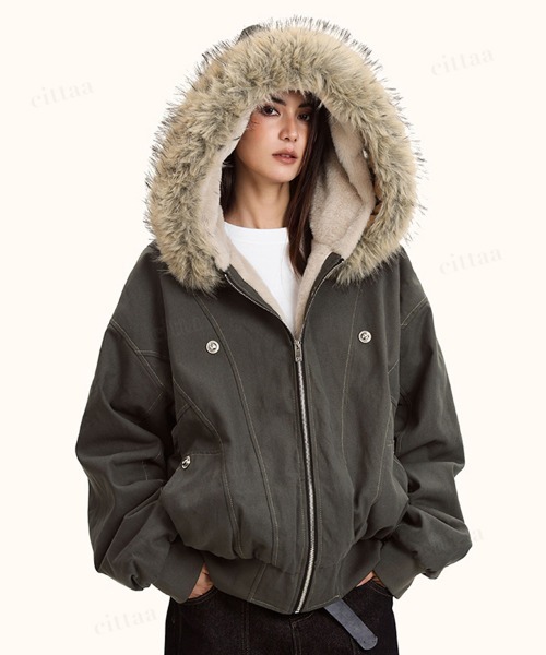 Dalfwin（ダールフィン）の「韓国ファッション　ファー付きフードブルゾン（ブルゾン・レディース・ブラック/グレー・FREE）」の11枚目の写真