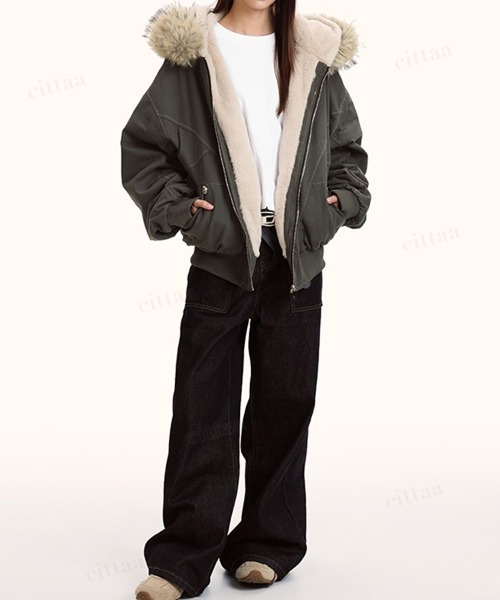 Dalfwin（ダールフィン）の「韓国ファッション　ファー付きフードブルゾン（ブルゾン・レディース・ブラック/グレー・FREE）」の15枚目の写真