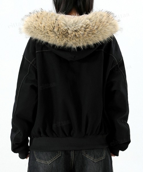 Dalfwin（ダールフィン）の「韓国ファッション　ファー付きフードブルゾン（ブルゾン・レディース・ブラック/グレー・FREE）」の6枚目の写真