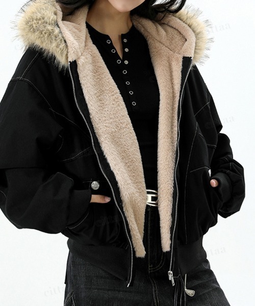 Dalfwin（ダールフィン）の「韓国ファッション　ファー付きフードブルゾン（ブルゾン・レディース・ブラック/グレー・FREE）」の7枚目の写真