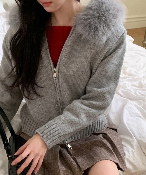 【希少】 REHERSALL リハーズオール ファー襟 ジップニットベスト M セール】ファー付きフードジップアップニットトップス（ニット