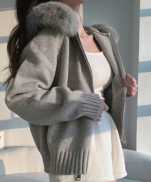セール】ファー付きフードジップアップニットトップス（ニット