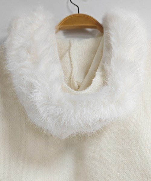 セール】ファー付きフードジップアップニットトップス（ニット