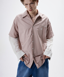 KNIT SLEEVE LAYERED SHIRT - PINK