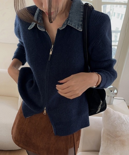 セール】デニム襟付きジップニットトップス（ニット/セーター）｜ReRe