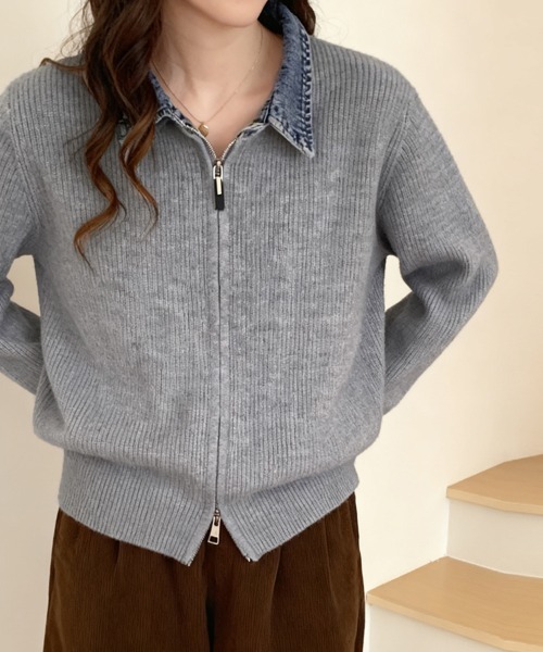 セール】デニム襟付きジップニットトップス（ニット/セーター）｜ReRe