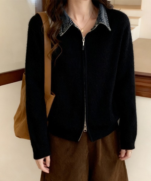 セール】デニム襟付きジップニットトップス（ニット/セーター）｜ReRe