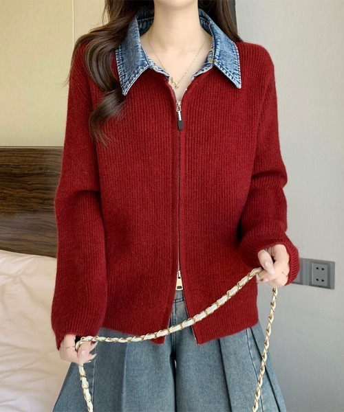セール】デニム襟付きジップニットトップス（ニット/セーター）｜ReRe