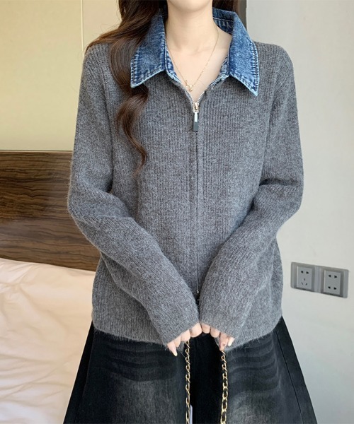 セール】デニム襟付きジップニットトップス（ニット/セーター）｜ReRe