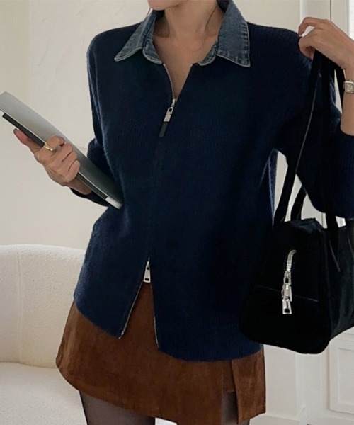 セール】デニム襟付きジップニットトップス（ニット/セーター）｜ReRe