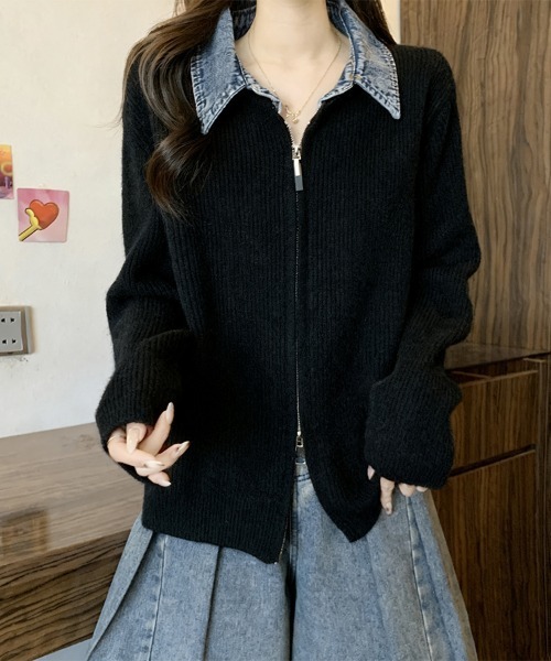 セール】デニム襟付きジップニットトップス（ニット/セーター）｜ReRe