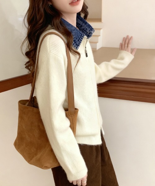 セール】デニム襟付きジップニットトップス（ニット/セーター）｜ReRe