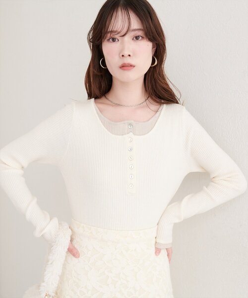 natural couture(ナチュラルクチュール)の「レイヤードニットプルオーバー(ニット/セーター・レディース・オフホワイト/ネイビー/ミント/サックスブルー・FREE)」の6枚目の写真