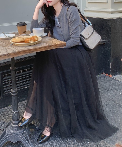 セール】【26年春夏新作】ふわふわチュール ギャザーフレアロング