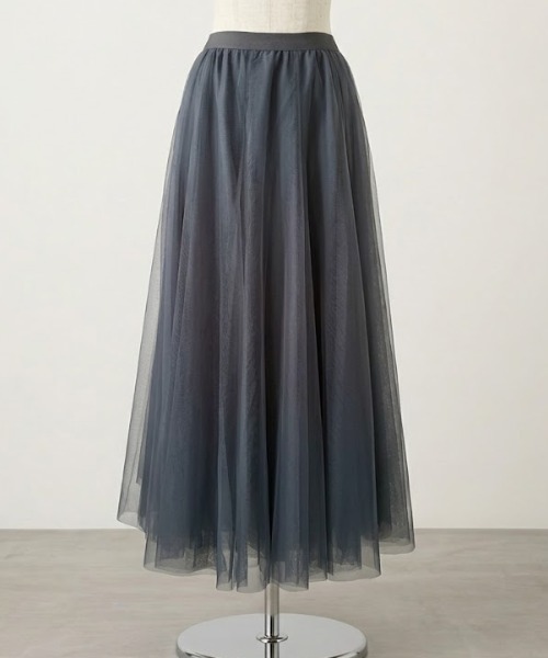 Maison Calme(メゾンカルム)の「【お気に入り数2000突破♪】【全6色展開】ウエストゴムプリーツチュールギャザーフレアロングスカート 裏地付き(スカート・レディース・ブラック/グレー/アイボリー/パープル/ベージュ/チャコール・F)」の7枚目の写真