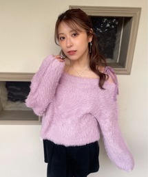 《ふわモコ×前後2WAY》フェミ可愛い◎肩リボンフェザーニット秋冬トップス