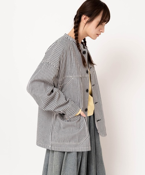 URCH RNA（アーチ アールエヌエー）の「J2176 フレンチワークのマルシェジャケット（デニムジャケット・レディース・ストライプ/ライトインディゴブルー・FREE）」の11枚目の写真