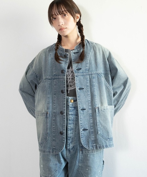 URCH RNA（アーチ アールエヌエー）の「J2176 フレンチワークのマルシェジャケット（デニムジャケット・レディース・ストライプ/ライトインディゴブルー・FREE）」の5枚目の写真