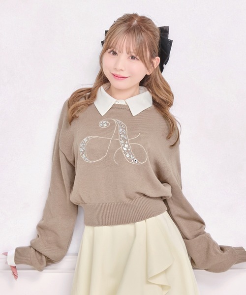 セール】【襟取り外し可能】シャツ付きビジューニット（ニット