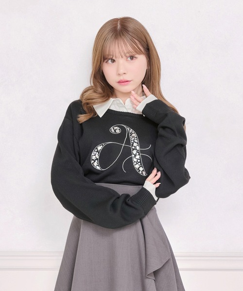 セール】【襟取り外し可能】シャツ付きビジューニット（ニット