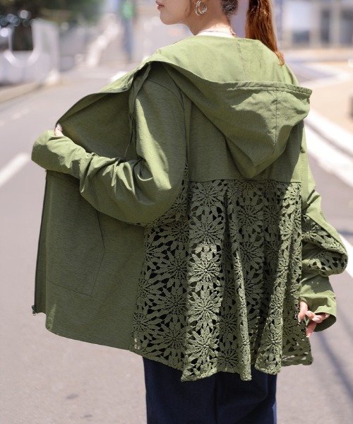HUG.U（ハグユー）の「「 涼しく UVカット 」レース切り替えパーカー 接触冷感 / 吸水速乾（パーカー・レディース・ブラック/ネイビー/ホワイト/ライトブルー/ライトグレー/モスグリーン/ダークグレー・FREE）」の13枚目の写真