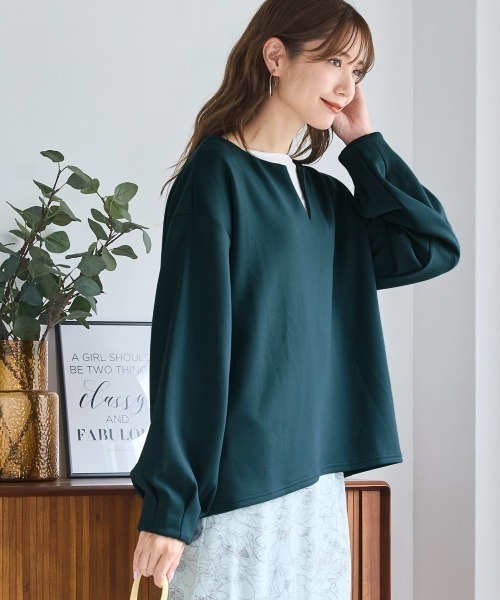 SMILE LAND（スマイルランド）の「＜大きいサイズ＞ゆるシルエットダンボールニットキーネックプルオーバー（Tシャツ/カットソー・レディース・チャコールグレー/ターコイズブルー系/アイボリー・5L～6L/3L～4L/L～LL）」の3枚目の写真