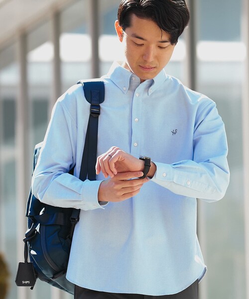 SHIPS(シップス)の「【WEB限定】SHIPS: 防シワ・吸水速乾 Drymix(R) プルオーバー ボダンダウン シャツ(ビジネスシャツ・メンズ・ネイビー/ホワイト/グレー/ライトブルー・MEDIUM/SMALL/XX-LARGE/X-LARGE/LARGE)」の1枚目の写真