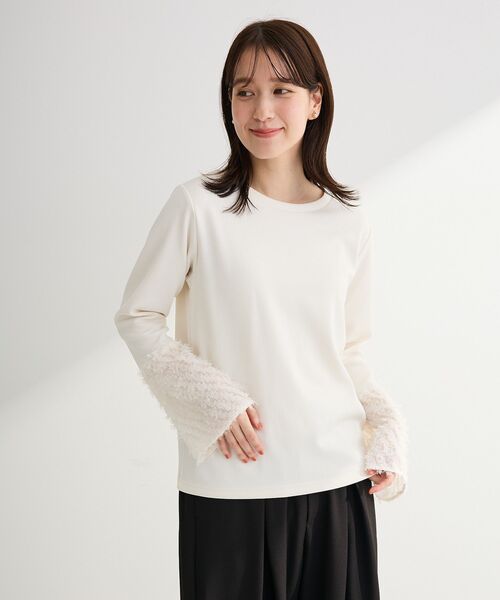 Green Parks(グリーンパークス)の「袖フェザードッキングプルオーバー(Tシャツ/カットソー・レディース・ホワイト系その他2/ブラック・FREE)」の8枚目の写真