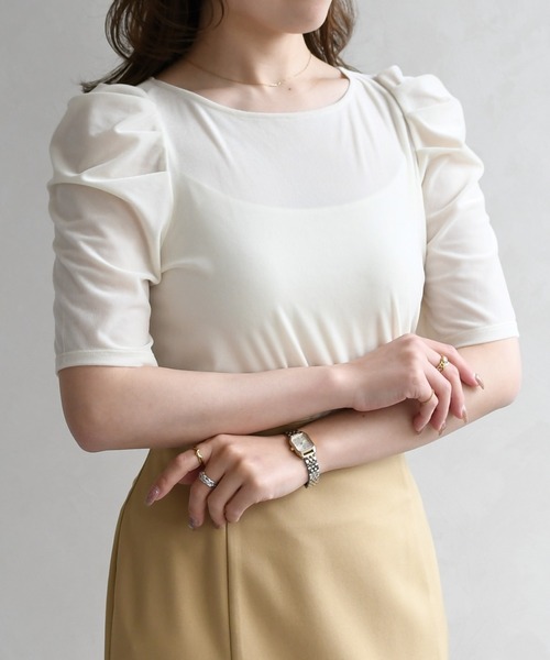 31 Sons de mode（トランテアン　ソン　ドゥ　モード）の「2026春夏新作 シアーベロア6分袖カットソー（Tシャツ/カットソー・レディース・オフホワイト/ブラウン・ﾌﾘ-）」の2枚目の写真