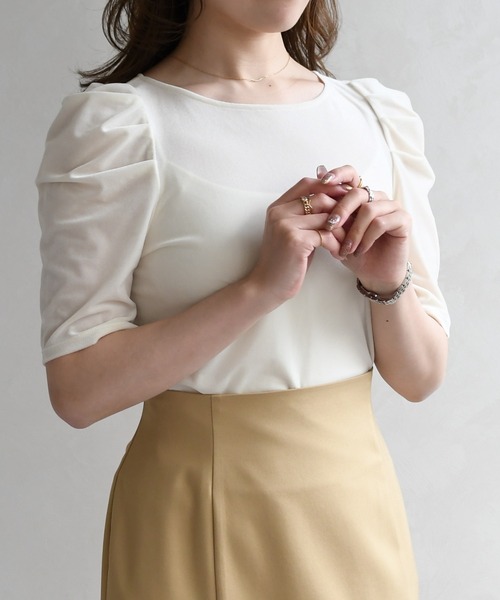 31 Sons de mode（トランテアン　ソン　ドゥ　モード）の「2026春夏新作 シアーベロア6分袖カットソー（Tシャツ/カットソー・レディース・オフホワイト/ブラウン・ﾌﾘ-）」の4枚目の写真