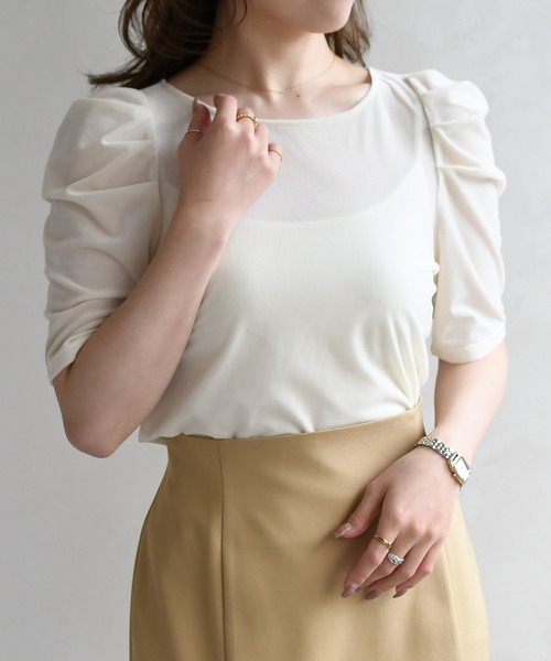 31 Sons de mode（トランテアン　ソン　ドゥ　モード）の「2026春夏新作 シアーベロア6分袖カットソー（Tシャツ/カットソー・レディース・オフホワイト/ブラウン・ﾌﾘ-）」の5枚目の写真