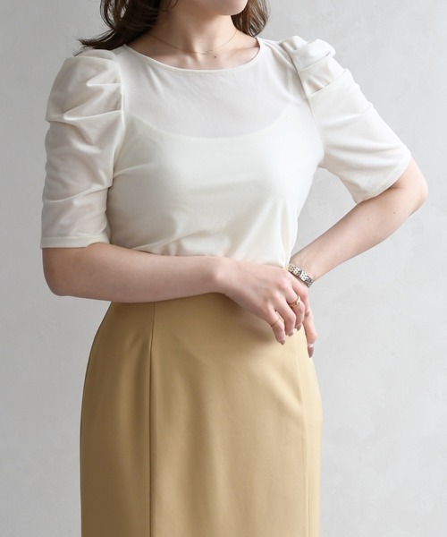 31 Sons de mode（トランテアン　ソン　ドゥ　モード）の「2026春夏新作 シアーベロア6分袖カットソー（Tシャツ/カットソー・レディース・オフホワイト/ブラウン・ﾌﾘ-）」の6枚目の写真