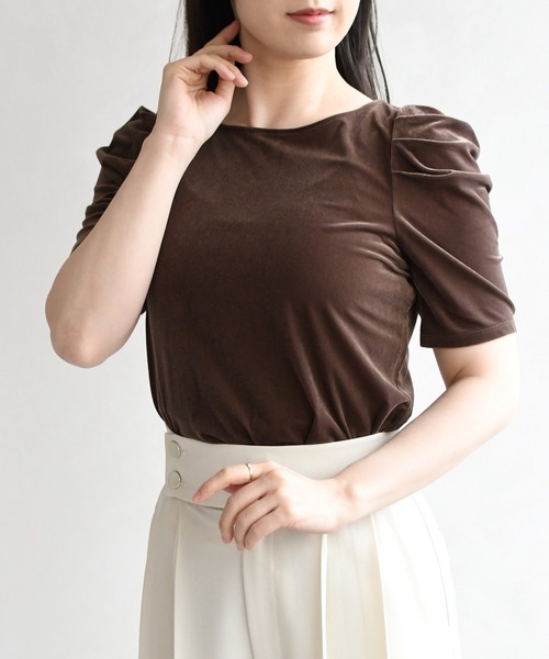 31 Sons de mode（トランテアン　ソン　ドゥ　モード）の「2026春夏新作 シアーベロア6分袖カットソー（Tシャツ/カットソー・レディース・オフホワイト/ブラウン・ﾌﾘ-）」の10枚目の写真