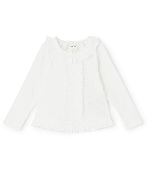 petit main(プティマイン)の「【リンク】レースフリルテレコ長袖Tシャツ(Tシャツ/カットソー・キッズ・オフホワイト/イエロー/トップグレー/ブラック・130cm/120cm/100cm/110cm/90cm/80cm)」の2枚目の写真