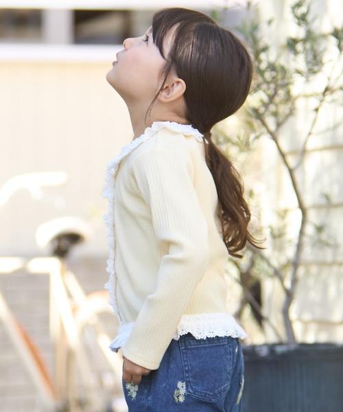 petit main(プティマイン)の「【リンク】レースフリルテレコ長袖Tシャツ(Tシャツ/カットソー・キッズ・オフホワイト/イエロー/トップグレー/ブラック・130cm/120cm/100cm/110cm/90cm/80cm)」の5枚目の写真
