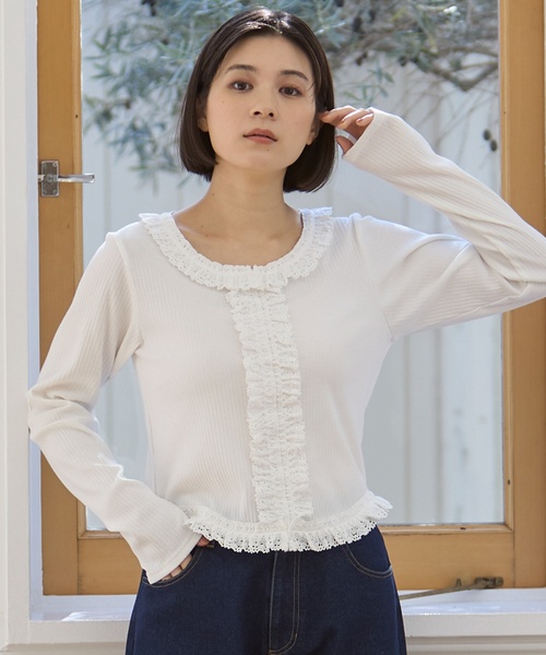 petit main(プティマイン)の「【リンク】レースフリルテレコ長袖Tシャツ(Tシャツ/カットソー・キッズ・オフホワイト/イエロー/トップグレー/ブラック・130cm/120cm/100cm/110cm/90cm/80cm)」の9枚目の写真